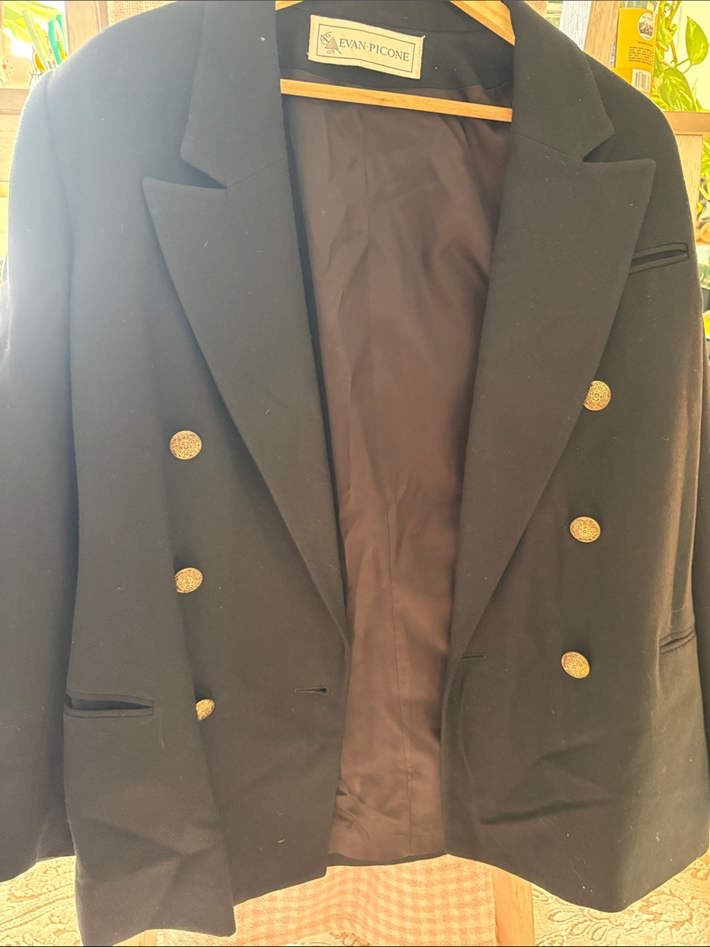 Evan Picone Black Double-Breasted Peacoat with Gold Buttons